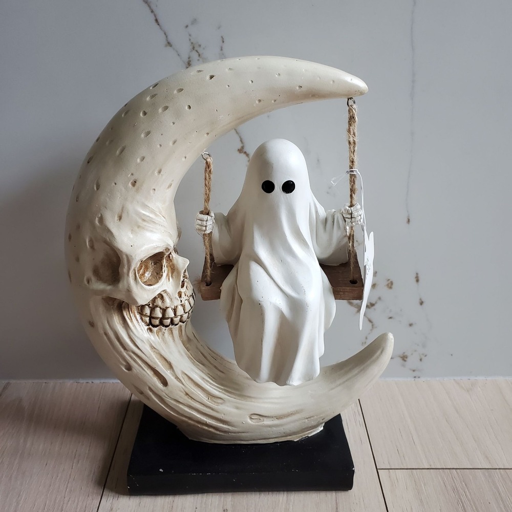 Goblin & Ghoul Halloween Spooky Ghost On Crescent Moon Swing Figurine Tabletop
